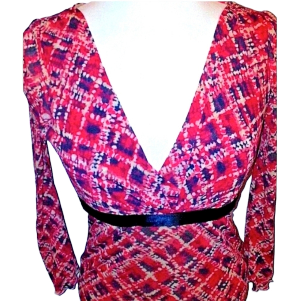 Classic WESTON WEAR Red V Plunge Top Sash Tie Belted Festive Business Casual